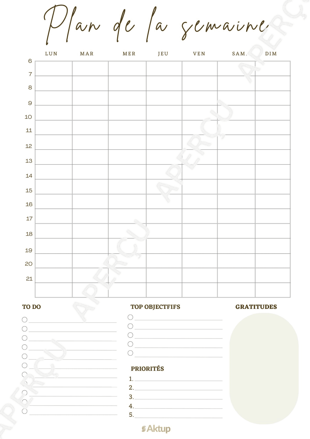 Aperçu du PDF Plan hebdomadaire